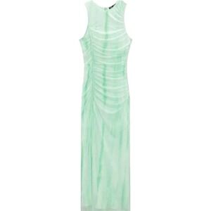 Zara Green Mesh Ruched Maxi Dress Sheer Bodycon Side Slit Y2K Fairycore Size S